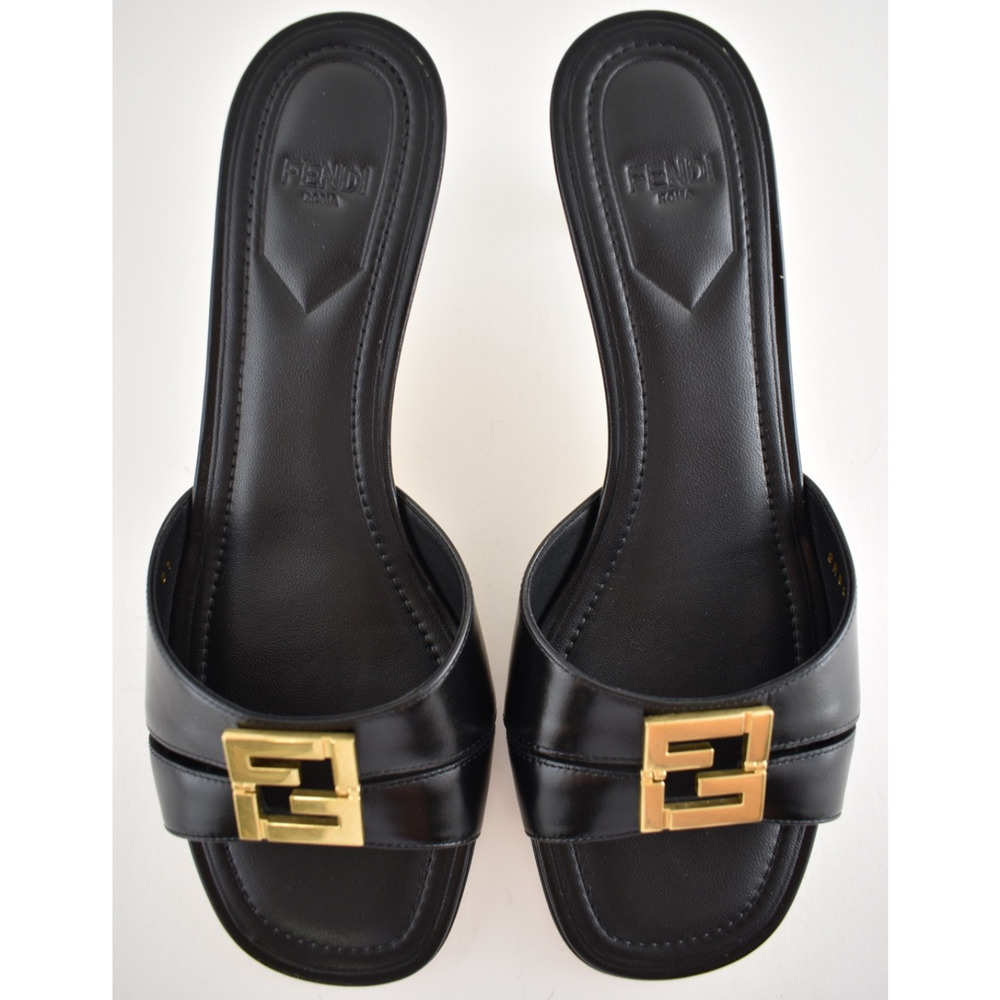 Fendi Fold Slide Black Leather Gold FF Logo Mule Kitten Heel Pump Sandals 37.5 - Picture 14 of 16